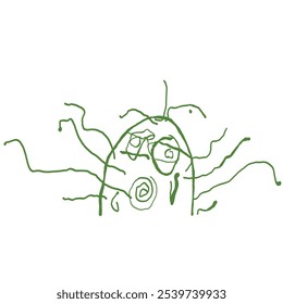 Monstro alienígena verde bonito em estilo de esboço. Desenho primitivo infantil. Arte assustadora. Foto pintada por uma criança. Um cartaz na parede. Lápis ou marcador retrato