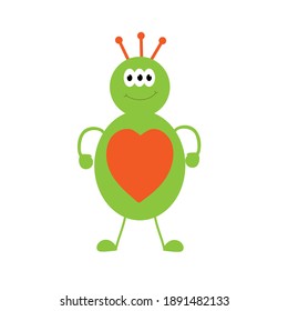 A cute green alien monster with three eyes. Isolated vector illustration. UFO.