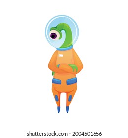 Cute Green Alien With One Eye Wearing Orange Spacesuit Cartoon Vector Illustration