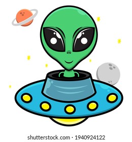 Cute Green Alien riding an UFO on the space, with moon, star and planet as a background, best for poster or decoration with outer space themes