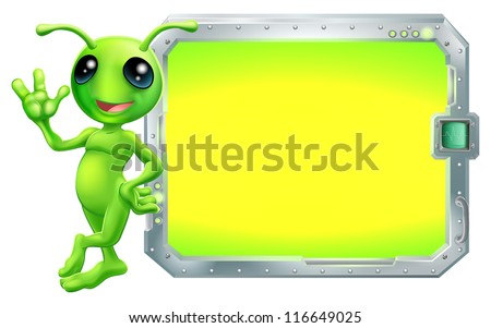 A cute green alien with a sign or screen with copyspace
