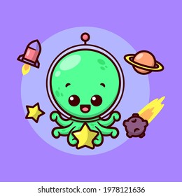 CUTE GREEN ALIEN WITH SIX TENTACLES IS HOLDING A YELLOW STAR AND WEARING A GLASS HELMET. HIGH QUALITY CARTOON MASCOT AND CHARACTER DESIGN.