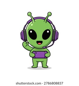 A cute green alien standing and celebrating a win.  It is wearing sleek purple gaming headphones. The alien is holding a purple hand held gaming console with both hands. Flat vector mascot design