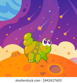 Cute green alien that looks like a caterpillar among planets and stars. Space landscape. Childrens cartoon illustration in vintage style. Space flights, the future. For posters, banners, design