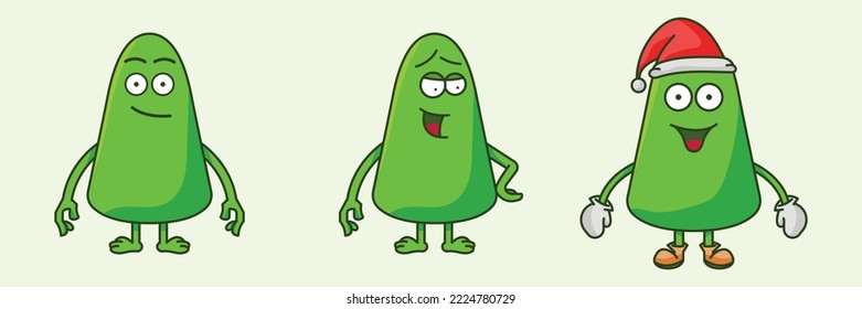 cute green alien three different poses christmas relax Cartoon Vector Icon Illustration. Monster Icon Concept Isolated Premium Vector. Flat Cartoon Style