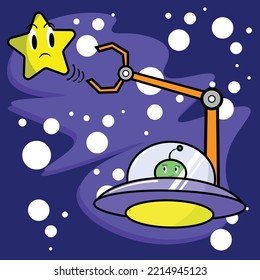 Cute green alien with the UFO while it's catching the star.