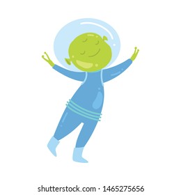 Cute green alien is very happy to make friendship