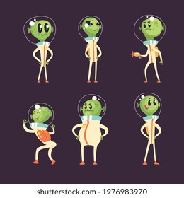 Cute Green Alien Visitors in Space Suits Smiling and Posing Vector Set