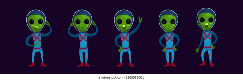 Cute Green Aliens In Space Suits with Friendly Smiling Faces Vector Set