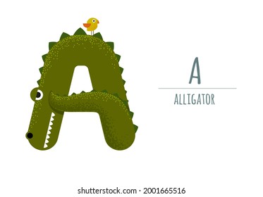 süßer grüner Wecker, auf dem ein kleiner Vogel sitzt. Alligator in Form des Buchstabens - a.
Kinderalphabet. Poster, Karte.