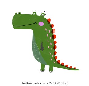 Cute Green Alligator. Funny Crocodile with Pink Blush. Simple Nursery Art with Green Croc. Hand Drawn Dino on a White Background Ideal for Card, Wall Art, Poster. Print with Prehistoric Animal. RGB.