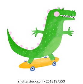 Cute Green Alligator Skateboarding. Happy Crocodile on a White Background. Nursery Art with Funny Alligator Ideal for Kids' Room Decoration. Nursery Vector Print with Crocodile on a Skateboard. RGB.