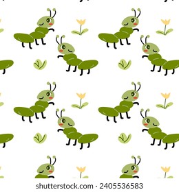 cute green animal - ant seamless spring pattern. Vector illustration on white background. Can used for wrapping, textile, poster, kids decoration, postcard and greeting banner. 