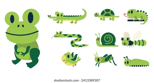 Cute Green Animals Set Illustration