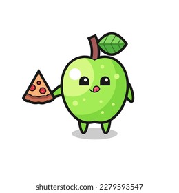 cute green apple cartoon eating pizza , cute style design for t shirt, sticker, logo element