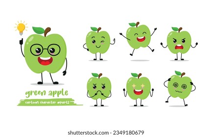 cute green apple cartoon with many expressions. fruit different activity pose vector illustration flat design set.