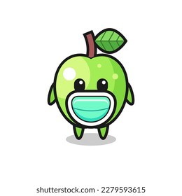 cute green apple cartoon wearing a mask , cute style design for t shirt, sticker, logo element