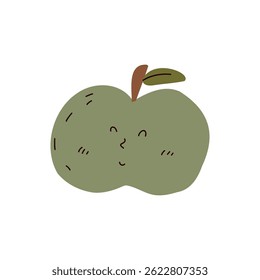Cute green apple character in flat vector style playful minimalist fruit illustration perfect for children projects, stickers, or healthy food designs