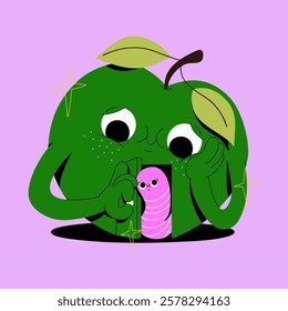 Cute green apple character opens door to a pink worm. You are my home illustration. Funny valentine's day greeting card and poster. Mascot design. Children drawing. Fruit in love.