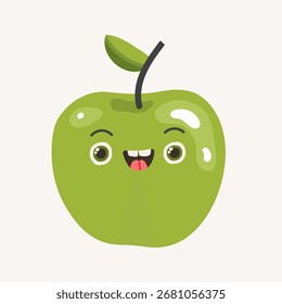 Carácter verde lindo de la manzana que sonríe en un fondo blanco, Ilustración vectorial