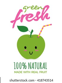 Cute green apple as a drink with a straw. Fresh apple juice concept illustration vector.