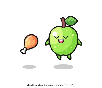 cute green apple floating and tempted because of fried chicken , cute style design for t shirt, sticker, logo element