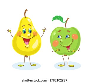 A cute green apple and a funny yellow pear. In a cartoon style. Isolated on white background Vector flat illustration