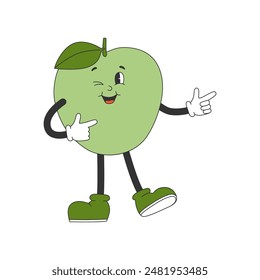 Cute green apple in groovy style. Cartoon character in trendy retro style. Isolated vector illustration. 