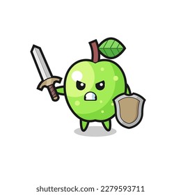 cute green apple soldier fighting with sword and shield , cute style design for t shirt, sticker, logo element