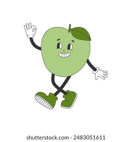 Linda manzana verde caminando en estilo groovy. Personaje de dibujos animados en estilo retro de moda. Ilustración vectorial aislada. 