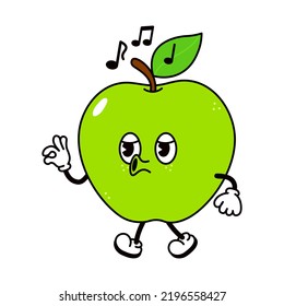 Cute green apple walking singing character. Vector hand drawn traditional cartoon vintage, retro, kawaii character illustration icon. Isolated white background. Happy green apple walk sing character