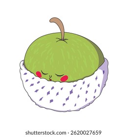 Cute green apple wrapped and sleeping peacefully, nature-themed fruit illustration with calm and fresh concept.