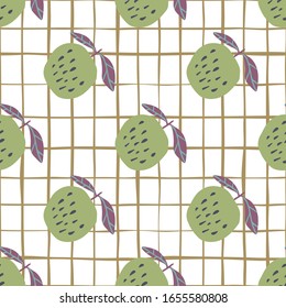 Cute green apples seamless pattern. Botanical print. Stripes background. Trendy vector illustration. Modern design for fabric, textile print, wrapping paper, children textile. 