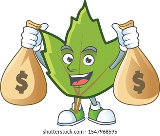 cute green autumn leaf in character holding money bag.