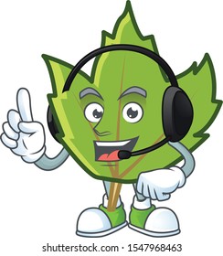 cute green autumn leaf with mascot with headphone