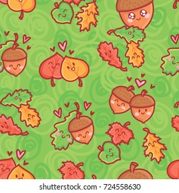 Cute green autumn pattern with leaves, hearts and acorns