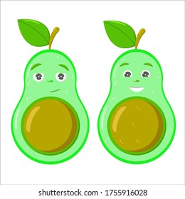 Cute, green avocado character with different characters. Print for clothes, stickers.