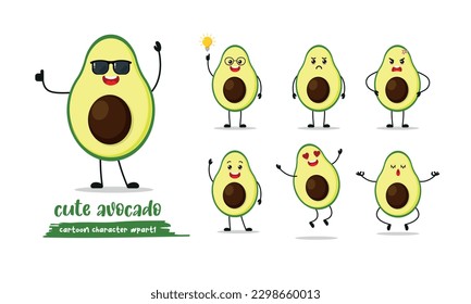 cute green avocado fruit with different emotion. Set of emoticon many face expression. Funny cartoon character vector illustration.