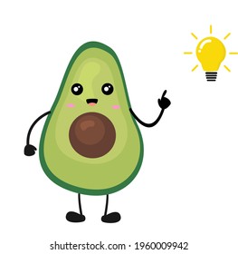 Cute green avocado illustration with lamp shape. Adorable, kawaii and funny green avocado got an idea character vector for mascot, logo, symbol on application, books, comic, art, doodle