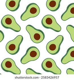 Cute green avocado seamless pattern. Template for packaging, postcard, textile printing, wallpaper. Childish minimal print. Cartoon background. Hand drawn doodle illustration isolated on white.