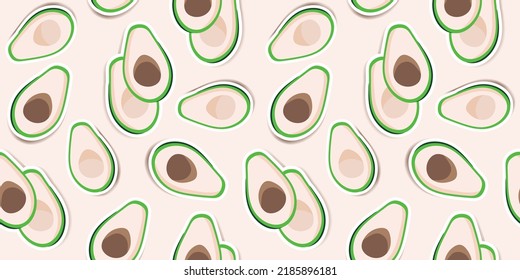 Cute green avocados on a light pibk background. Trendy avocado pattern design for wallpapers, print, fabric and stationery design. Green avocados sticker pattern. Illustrated vector fruit.