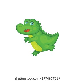 Cute green baby crocodile cartoon character, vector illustration isolated on white background. Funny tropical animal image for summer and childish prints.