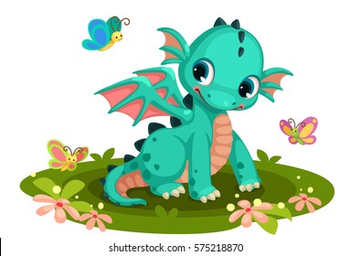 Cute green baby  dragon cartoon with butterflies