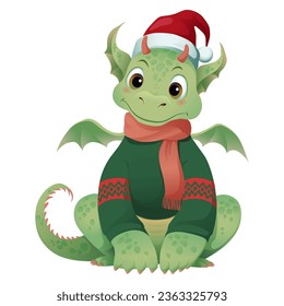 Cute green baby dragon in a Christmas hat and sweater. New year character for greeting cards with Merry Christmas and New Year, decor, wrapping, and packaging design. Vector illustration EPS 10