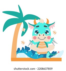 Cute green baby dragon on the sea. Vector illustrations in a flat cartoon style for design, prints, greeting cards, patterns. Symbol 2024