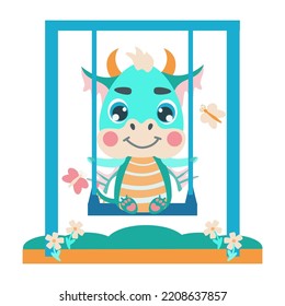 Cute green baby dragon rides on a swing. Vector illustrations in a flat cartoon style for design, prints, greeting cards, patterns. Symbol 2024