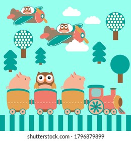 cute green background on it rides a train in which sit pigs and an owl in the sky flying planes with owls around clouds and green trees railway