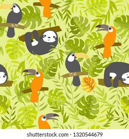 cute green background with sloth and hornbill seamless pattern
