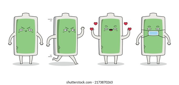 Cute green battery cartoon character set 1 of waving hand, running, spreading love and wearing a mask
