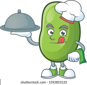 Cute green beans as a Chef with hat and tray cartoon style design